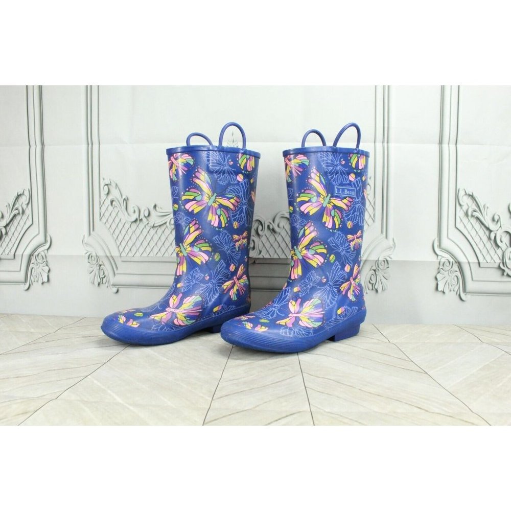 LL Bean Wellies Blue Butterfly Waterproof Rain Boots Size 3 - Picture 2 of 10